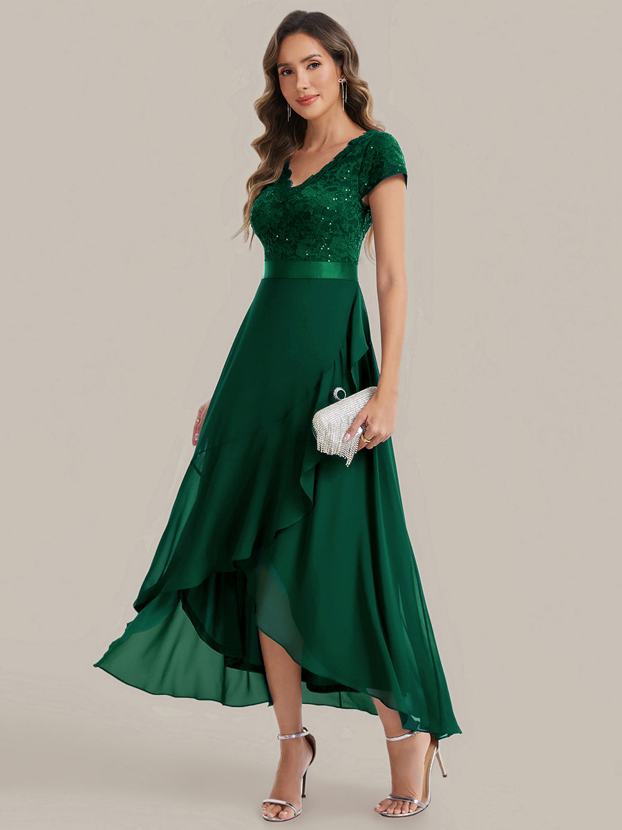 Deep V-Neck Lace Cap Sleeve Evening Dress