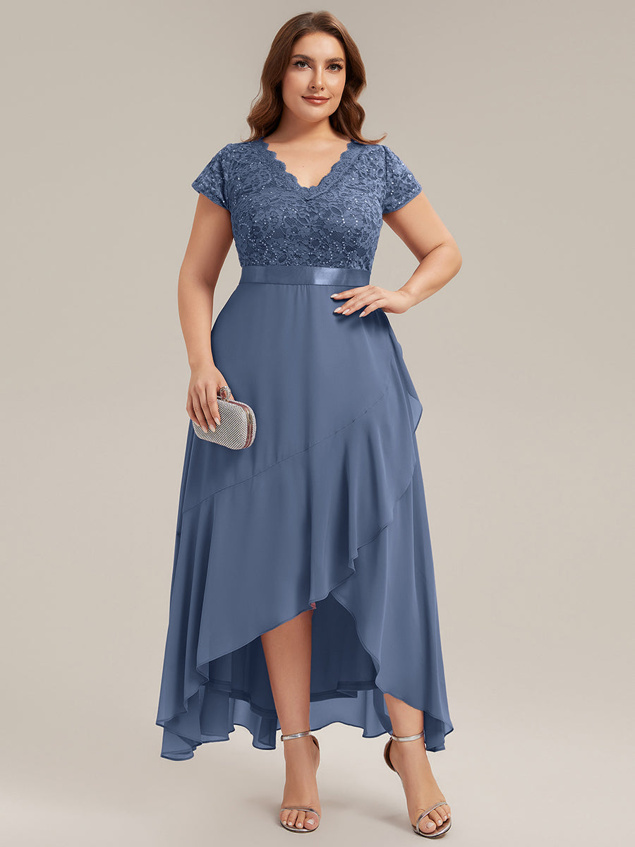 Deep V-Neck Lace Cap Sleeve Evening Dress