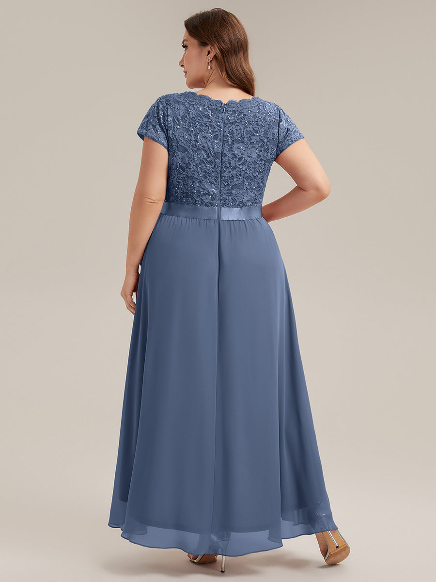 Deep V-Neck Lace Cap Sleeve Evening Dress
