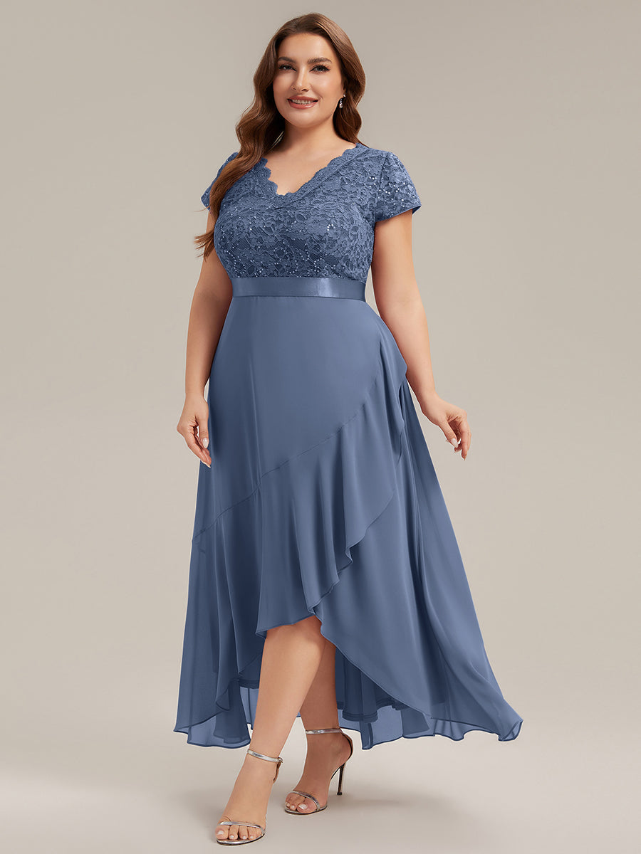 Deep V-Neck Lace Cap Sleeve Evening Dress