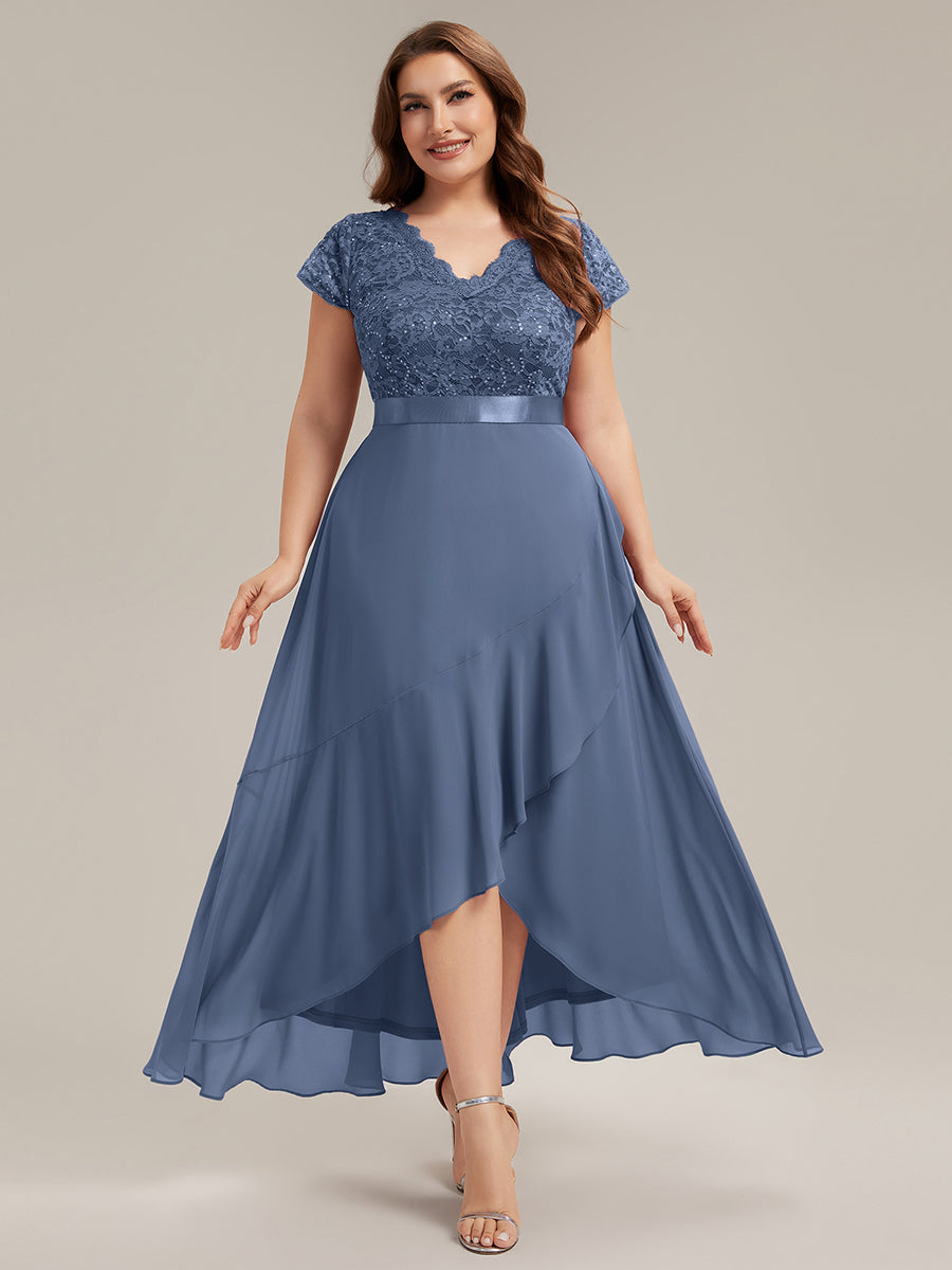 Deep V-Neck Lace Cap Sleeve Evening Dress