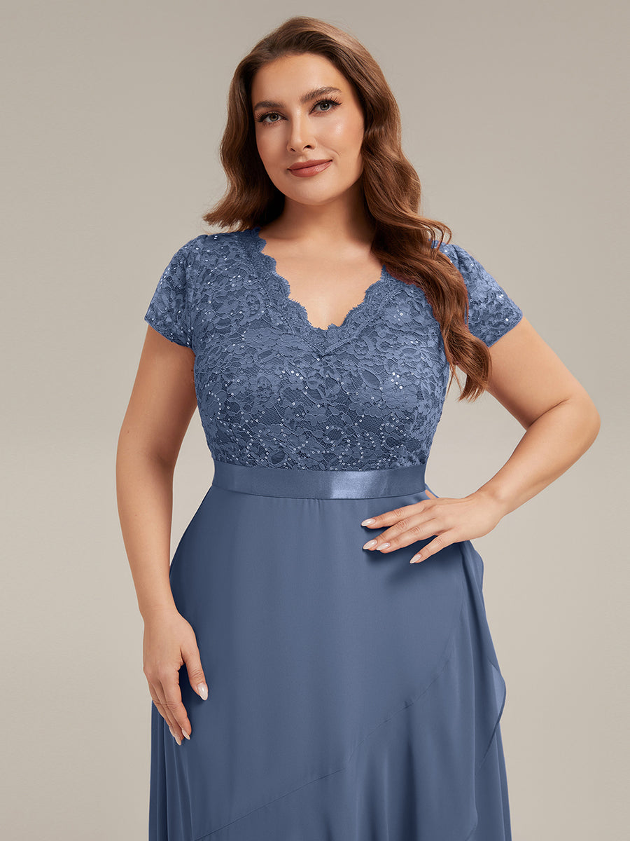 Deep V-Neck Lace Cap Sleeve Evening Dress