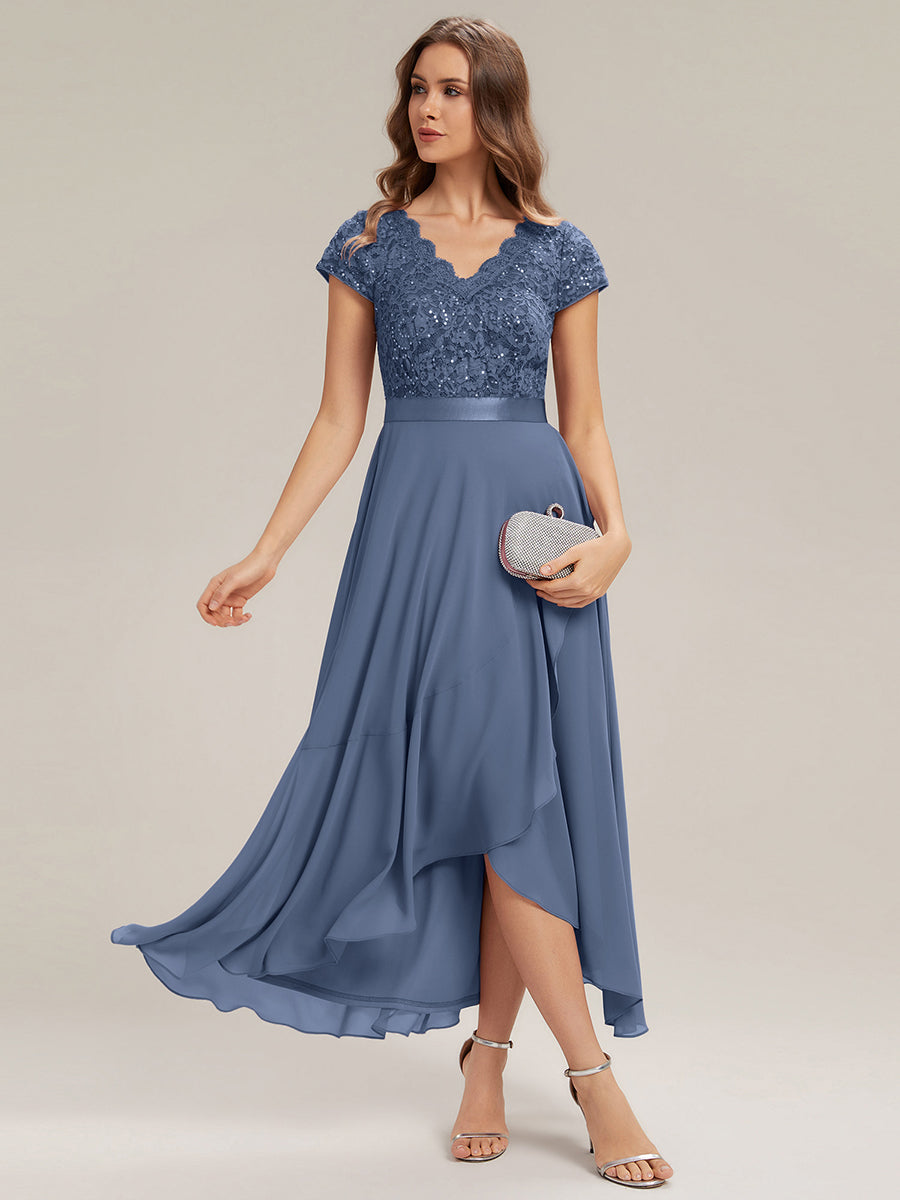 Deep V-Neck Lace Cap Sleeve Evening Dress