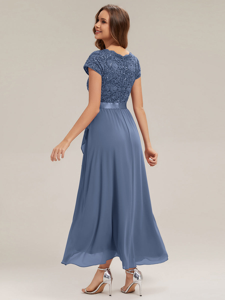 Deep V-Neck Lace Cap Sleeve Evening Dress