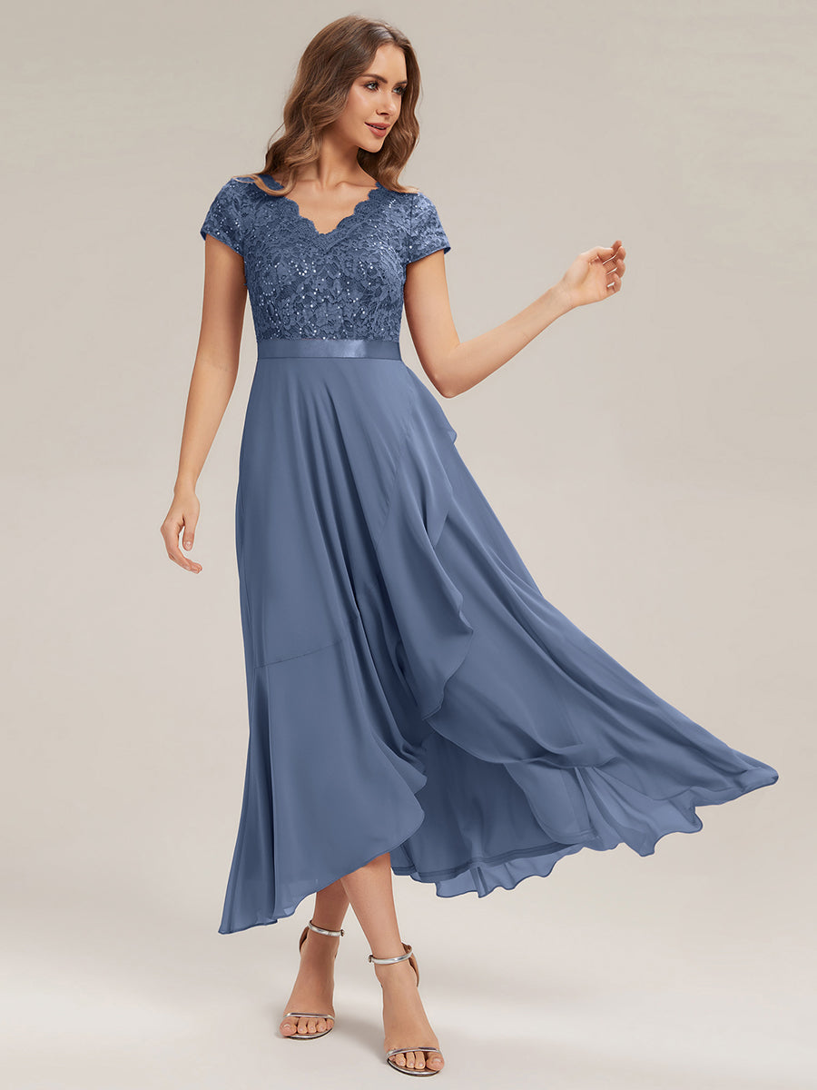 Deep V-Neck Lace Cap Sleeve Evening Dress