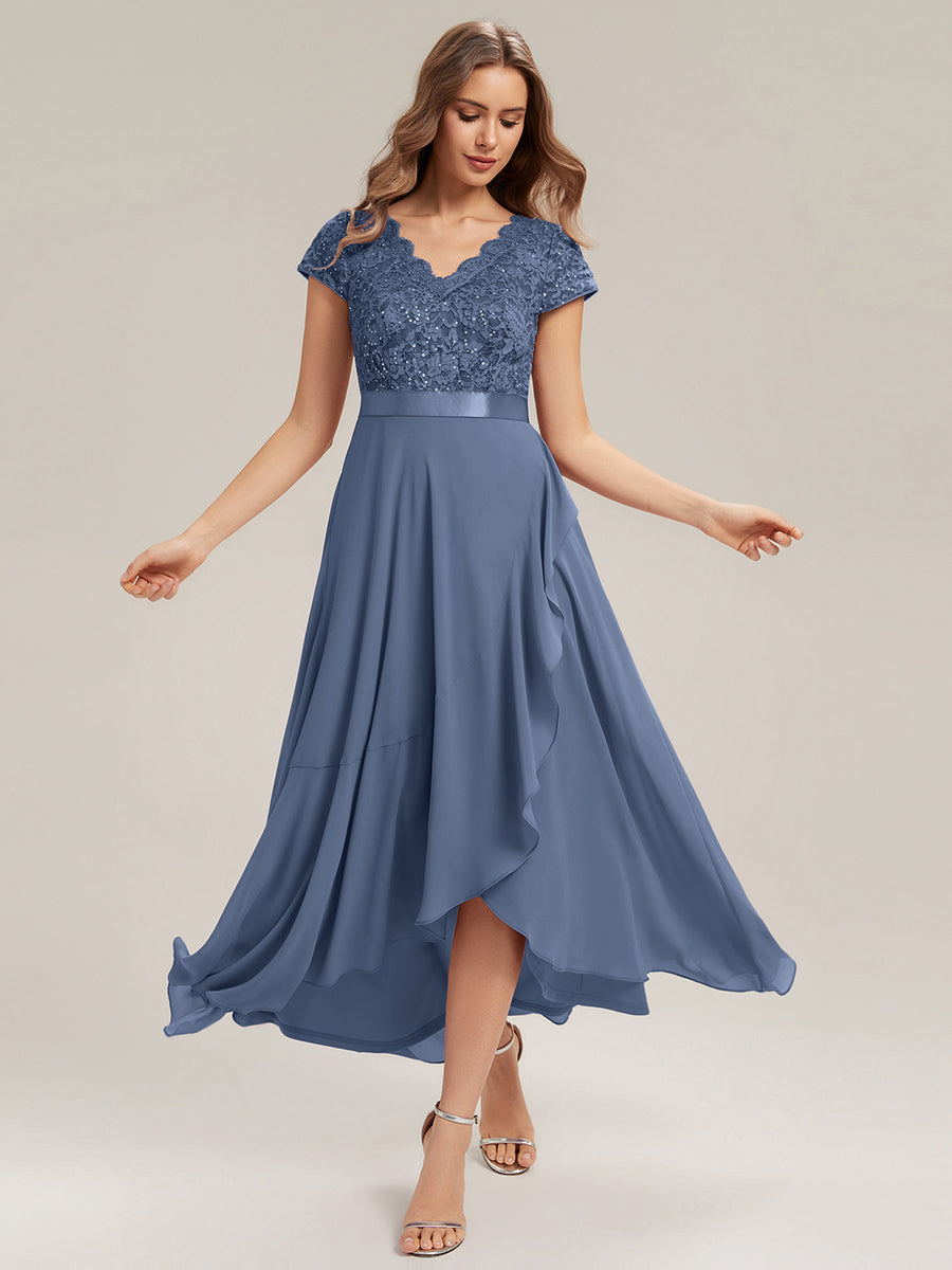 Deep V-Neck Lace Cap Sleeve Evening Dress