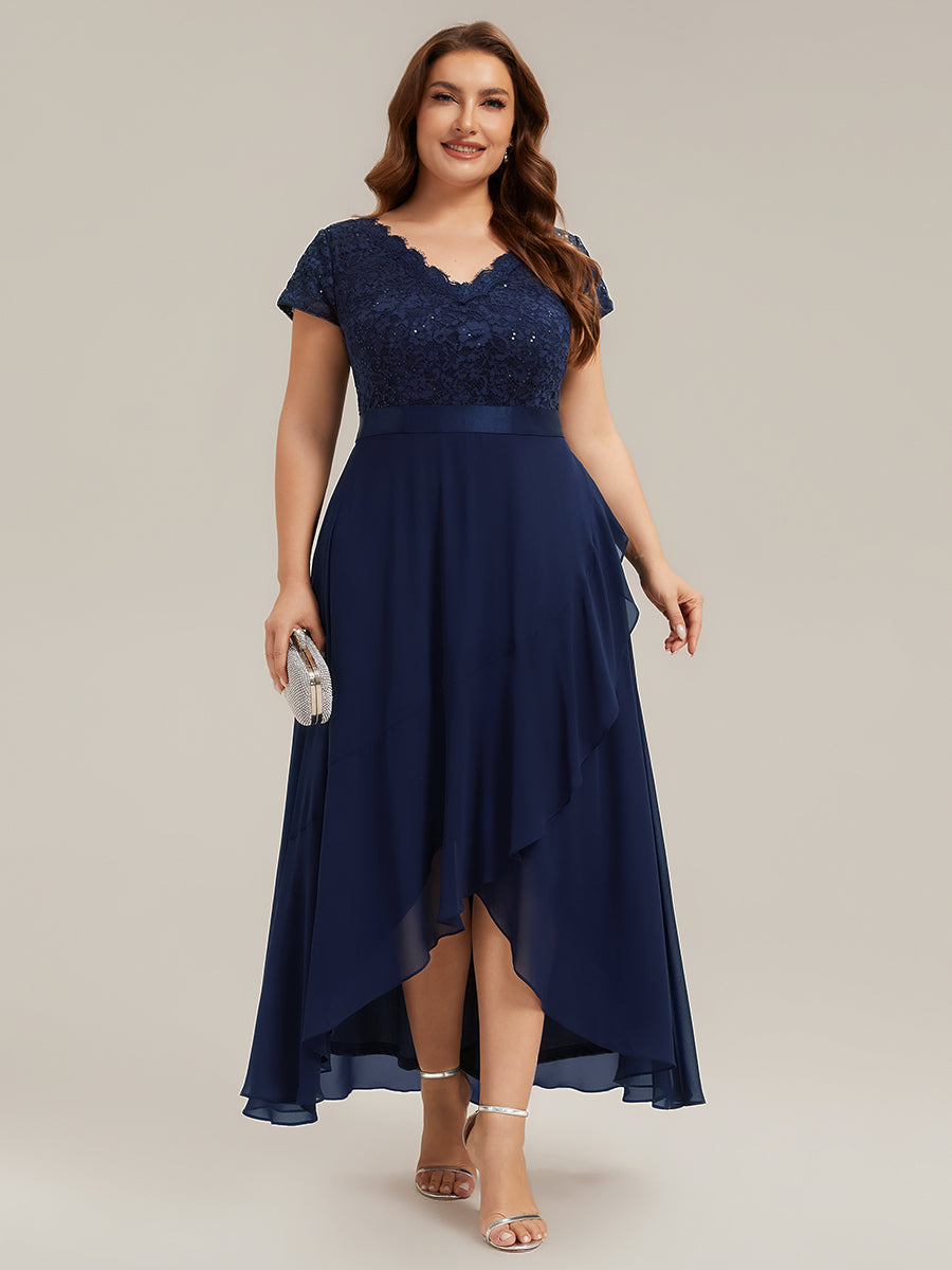 Deep V-Neck Lace Cap Sleeve Evening Dress