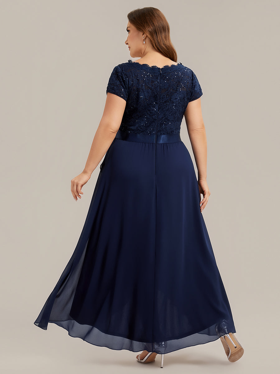 Deep V-Neck Lace Cap Sleeve Evening Dress