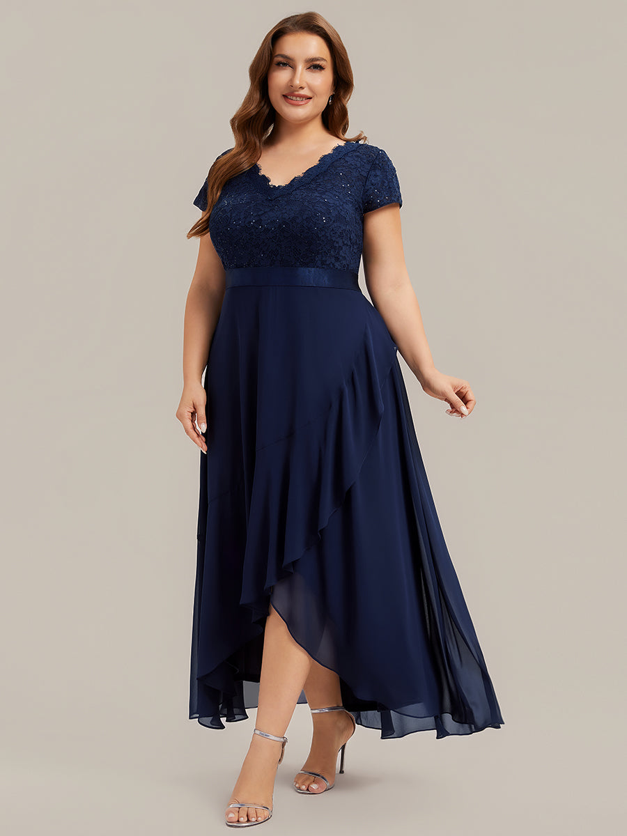 Deep V-Neck Lace Cap Sleeve Evening Dress