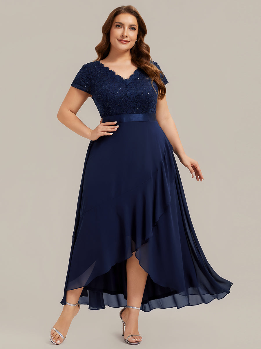 Deep V-Neck Lace Cap Sleeve Evening Dress