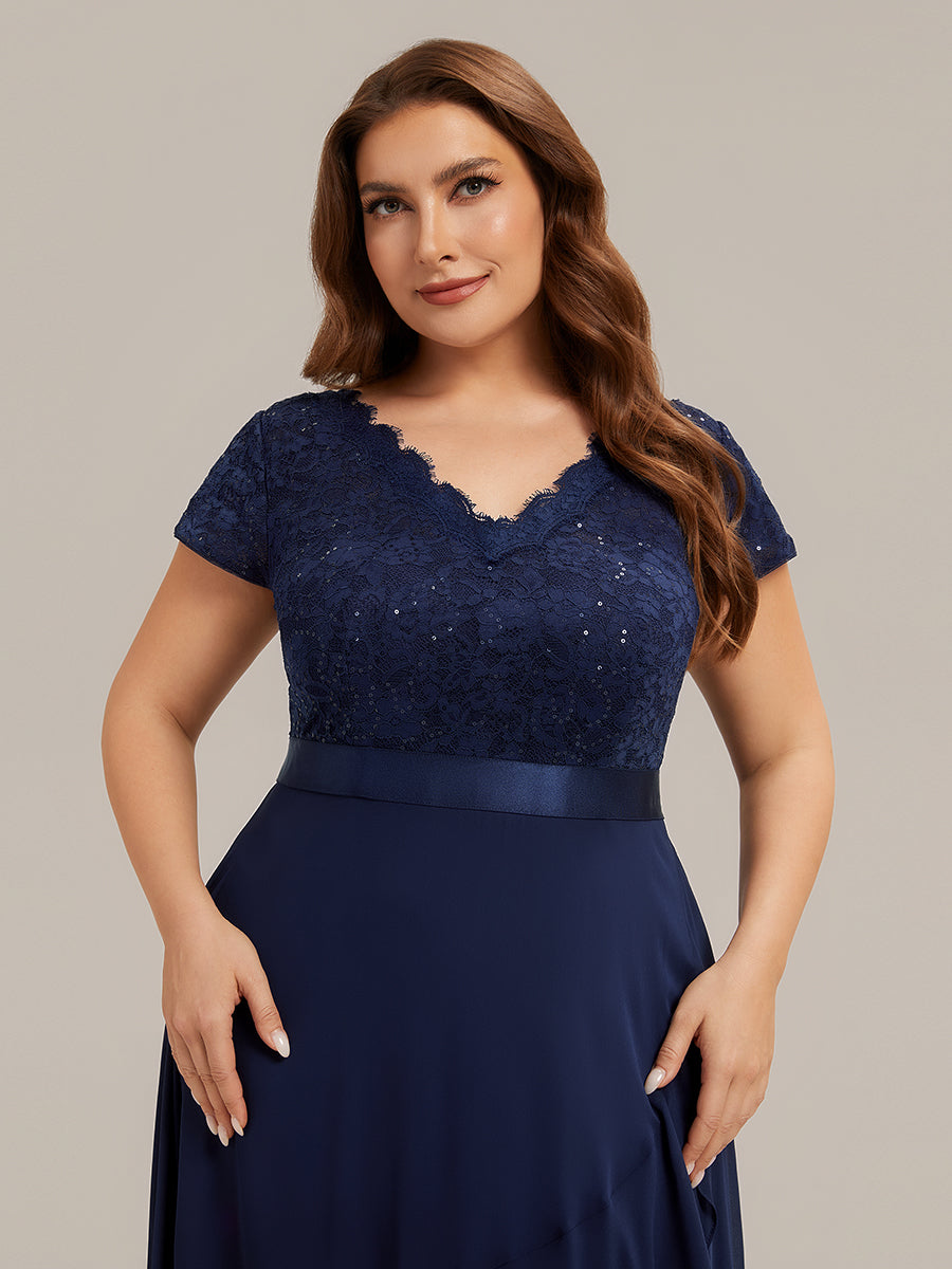 Deep V-Neck Lace Cap Sleeve Evening Dress