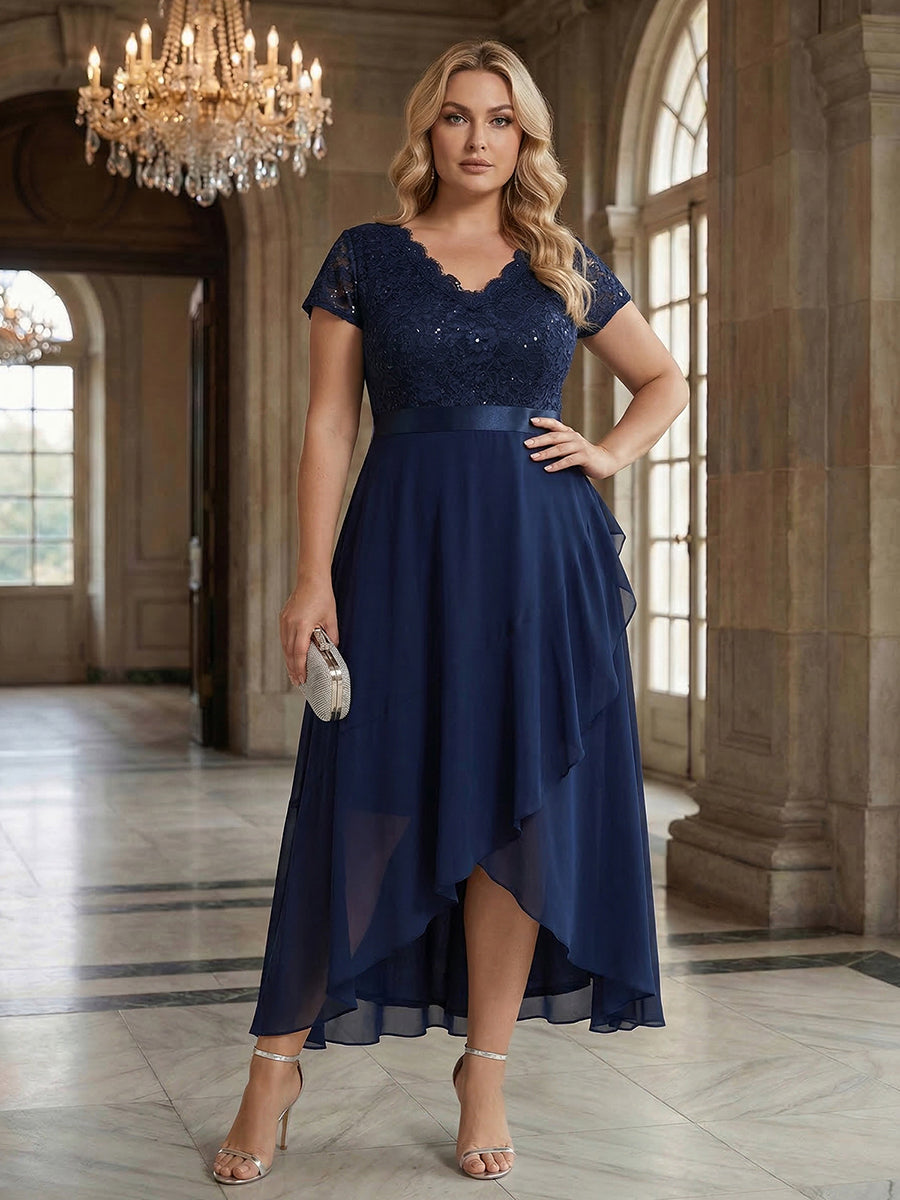 Deep V-Neck Lace Cap Sleeve Evening Dress