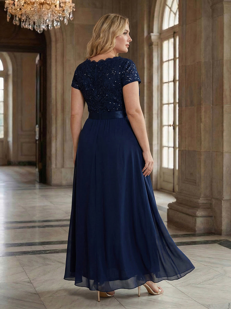 Deep V-Neck Lace Cap Sleeve Evening Dress