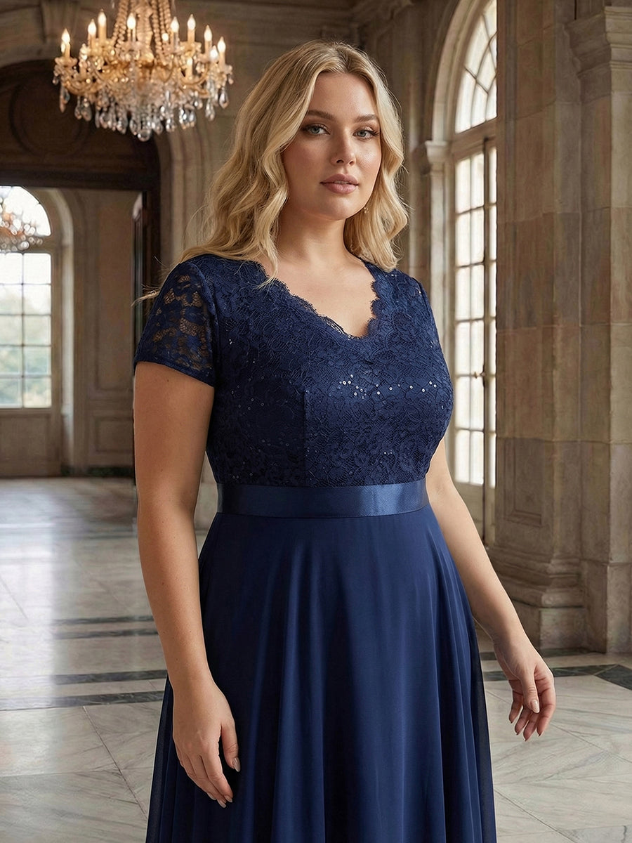 Deep V-Neck Lace Cap Sleeve Evening Dress