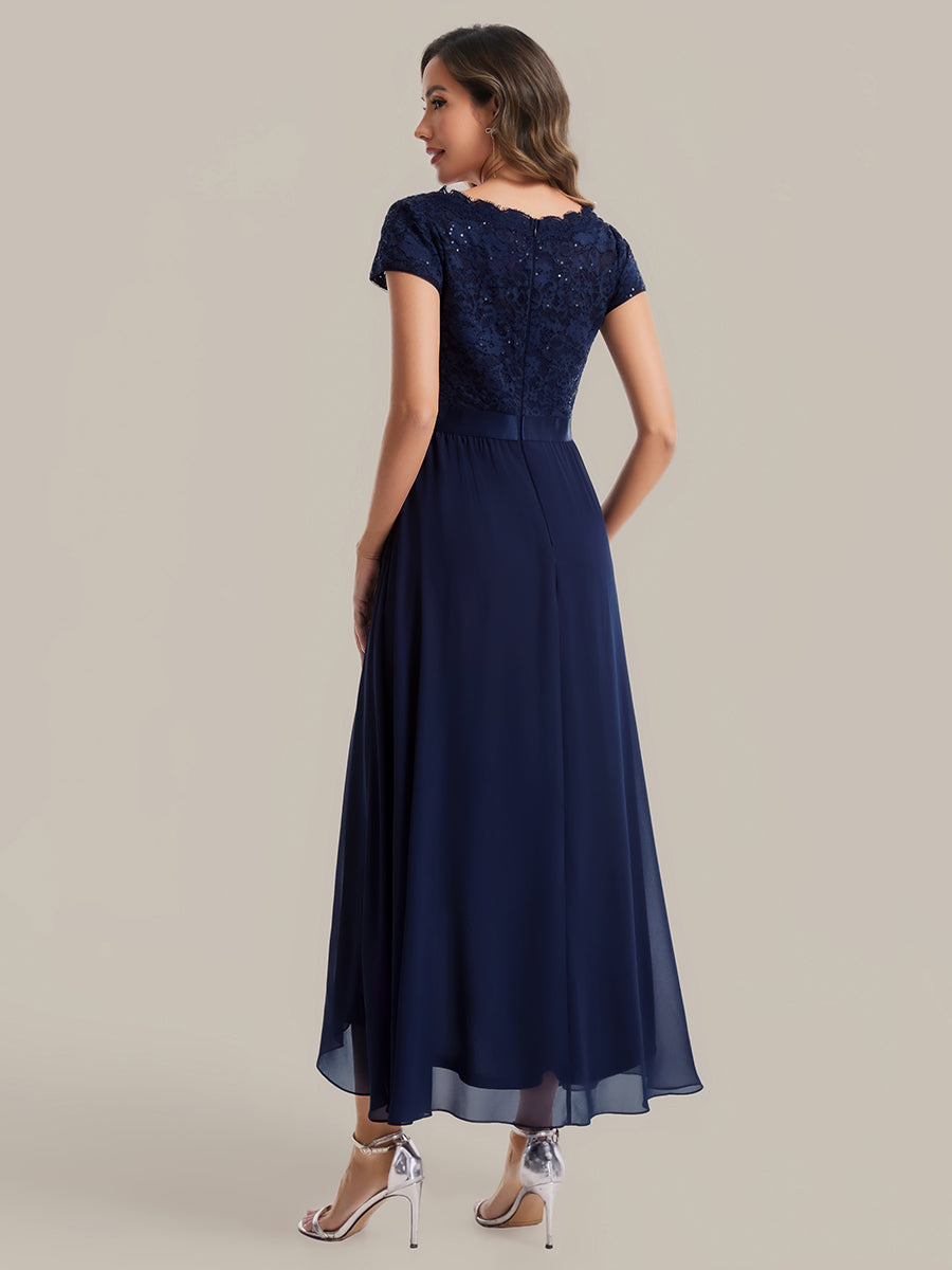 Deep V-Neck Lace Cap Sleeve Evening Dress