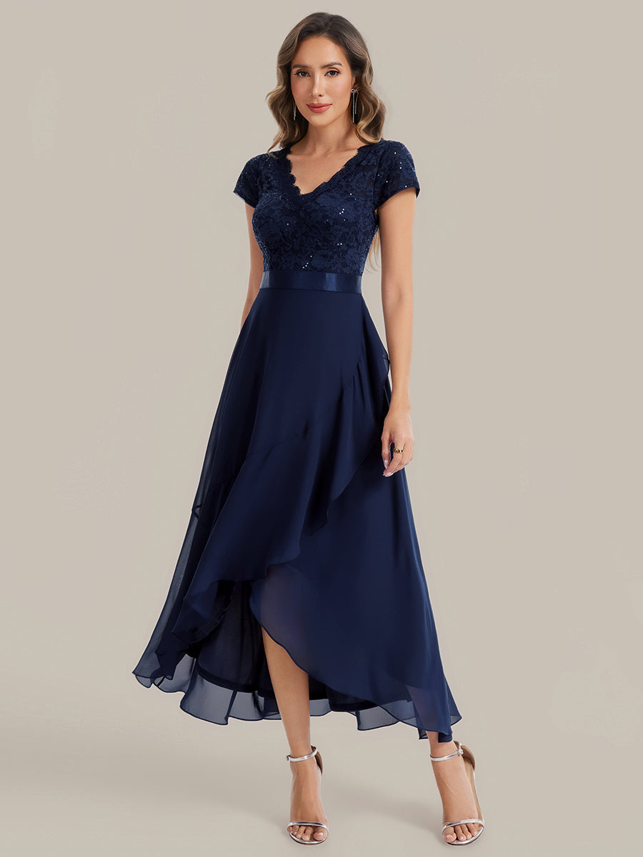 Deep V-Neck Lace Cap Sleeve Evening Dress