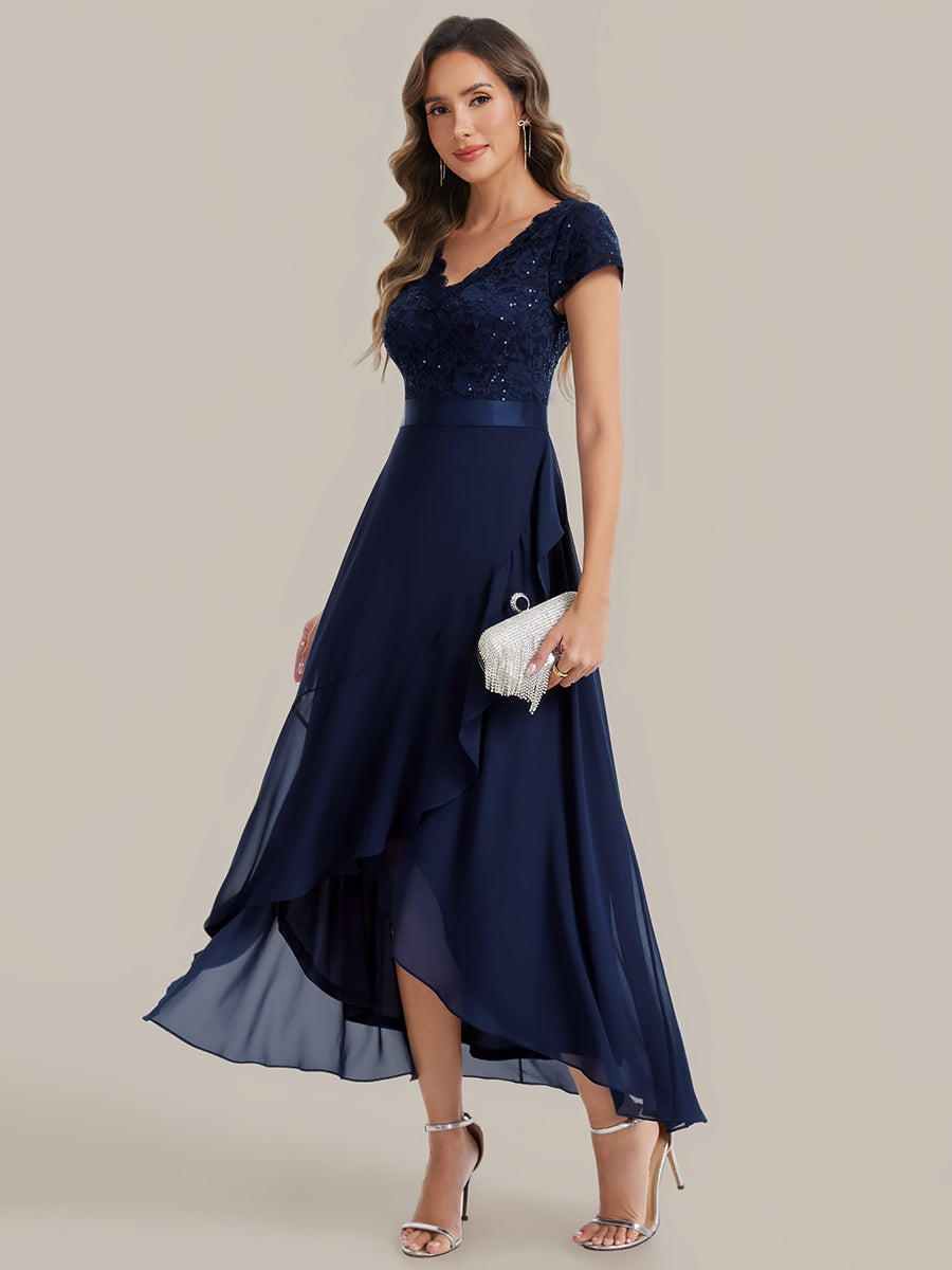 Deep V-Neck Lace Cap Sleeve Evening Dress