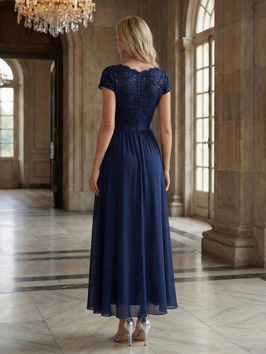 Deep V-Neck Lace Cap Sleeve Evening Dress