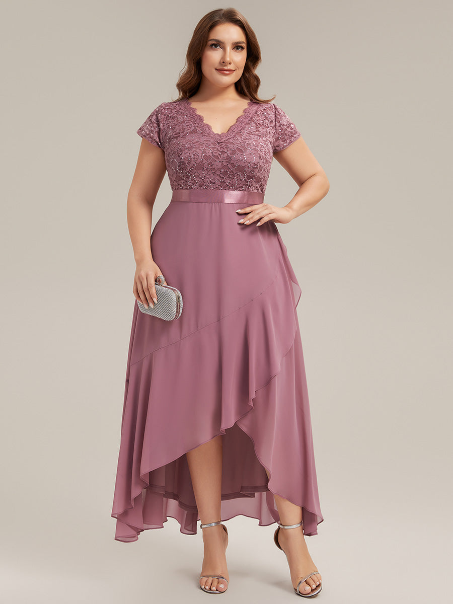 Deep V-Neck Lace Cap Sleeve Evening Dress