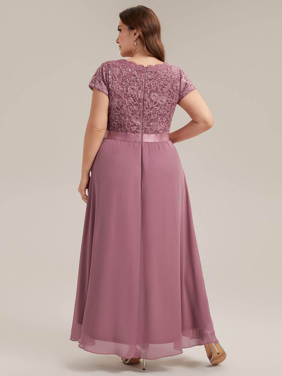Deep V-Neck Lace Cap Sleeve Evening Dress