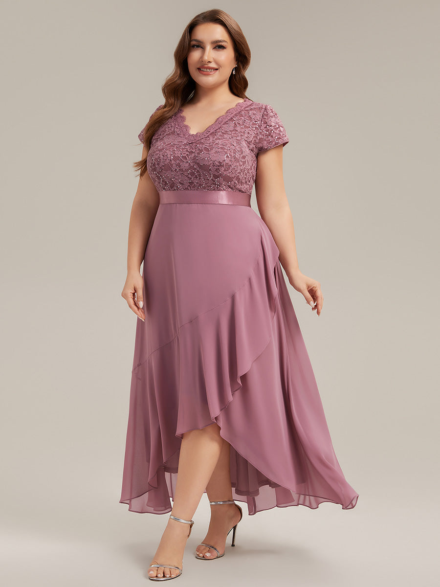Deep V-Neck Lace Cap Sleeve Evening Dress