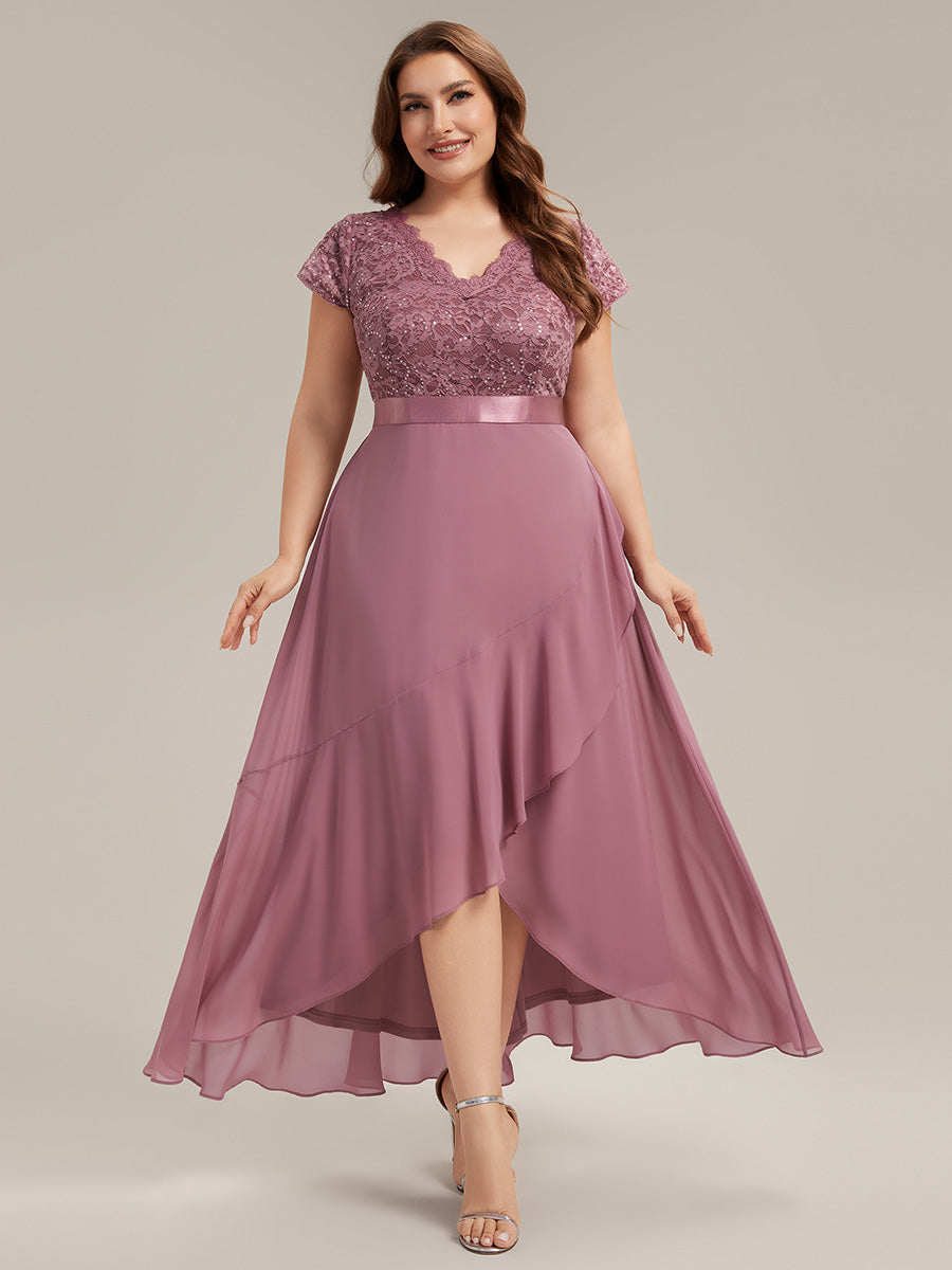 Deep V-Neck Lace Cap Sleeve Evening Dress