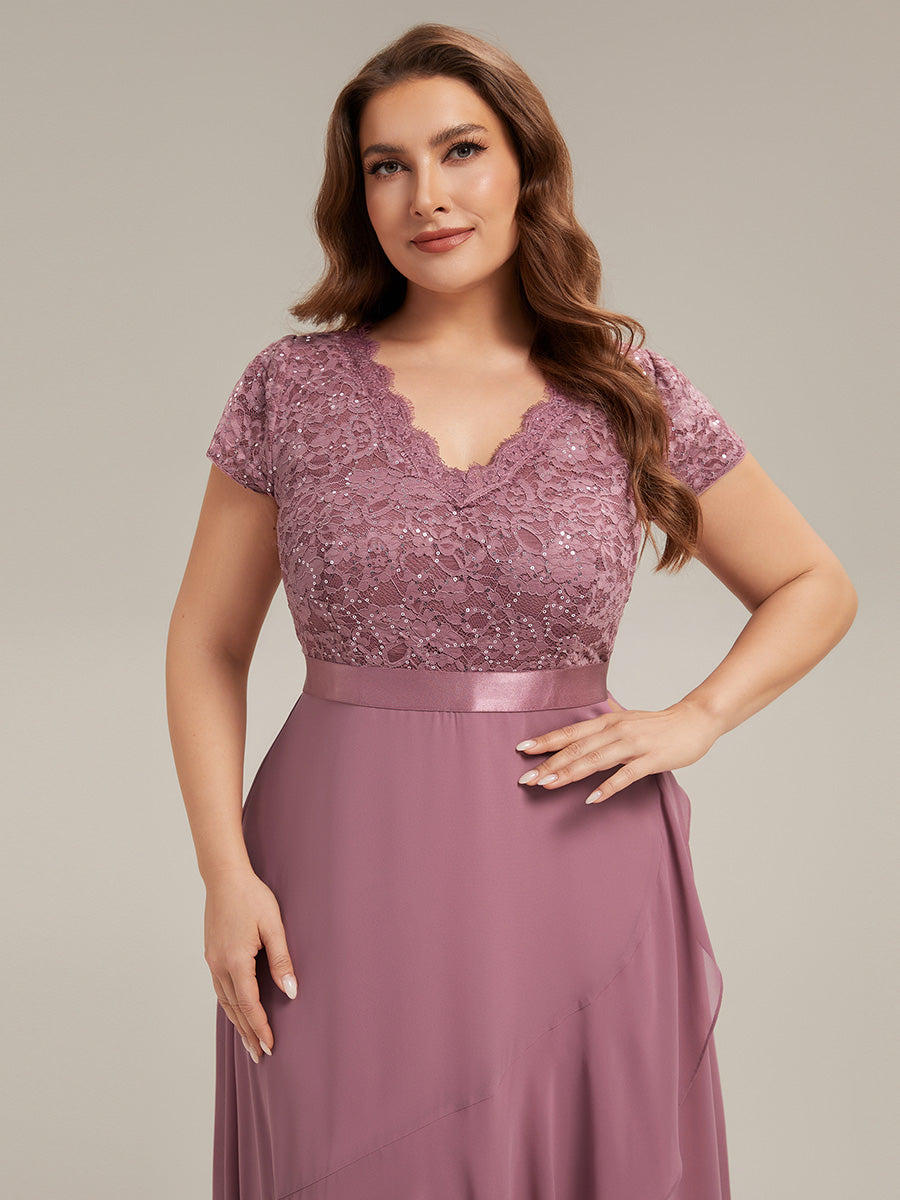 Deep V-Neck Lace Cap Sleeve Evening Dress