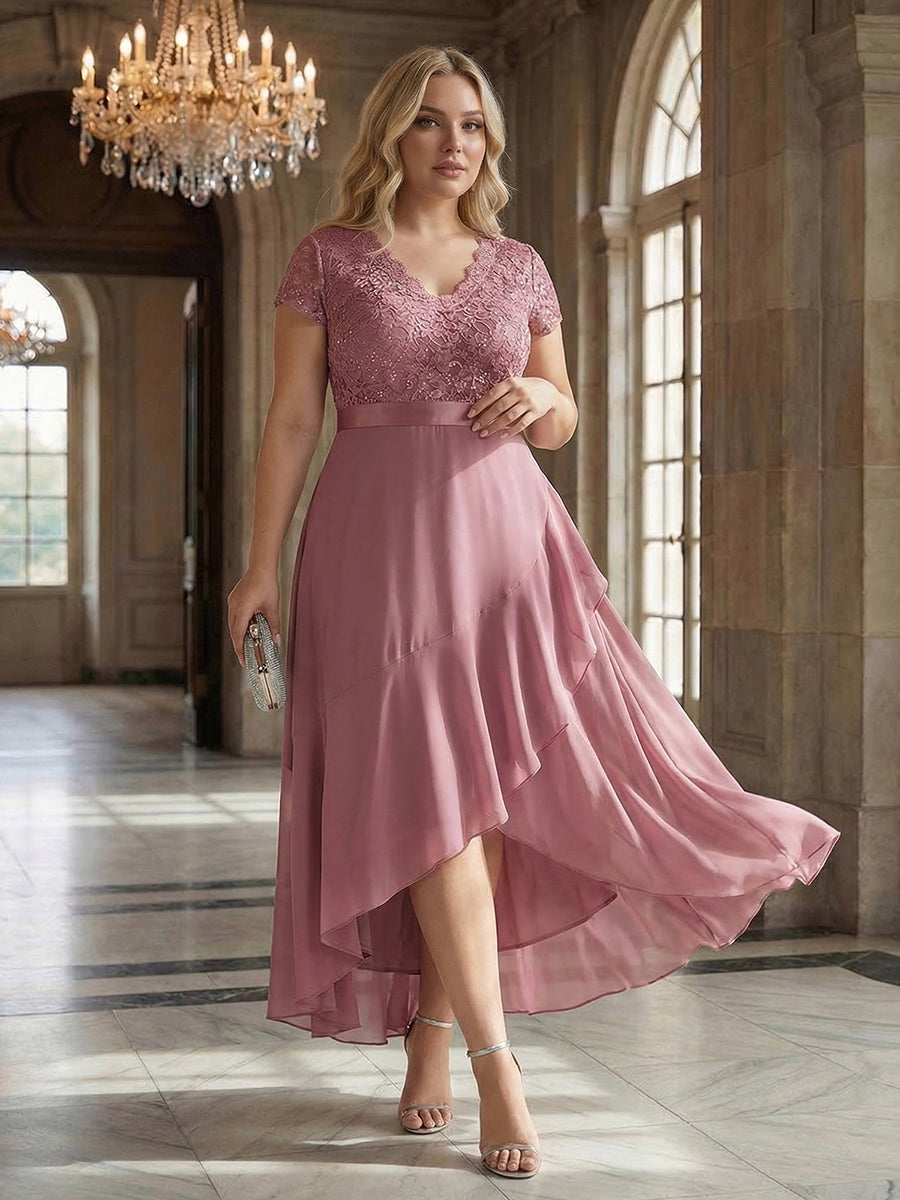 Deep V-Neck Lace Cap Sleeve Evening Dress