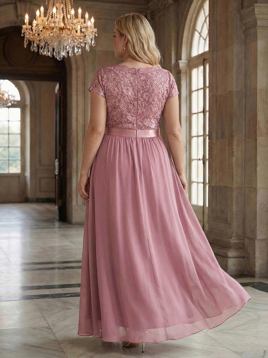 Deep V-Neck Lace Cap Sleeve Evening Dress