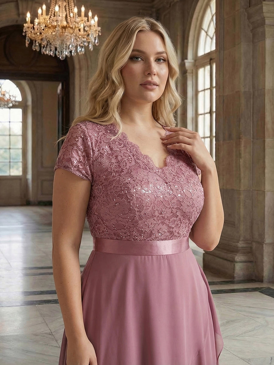 Deep V-Neck Lace Cap Sleeve Evening Dress