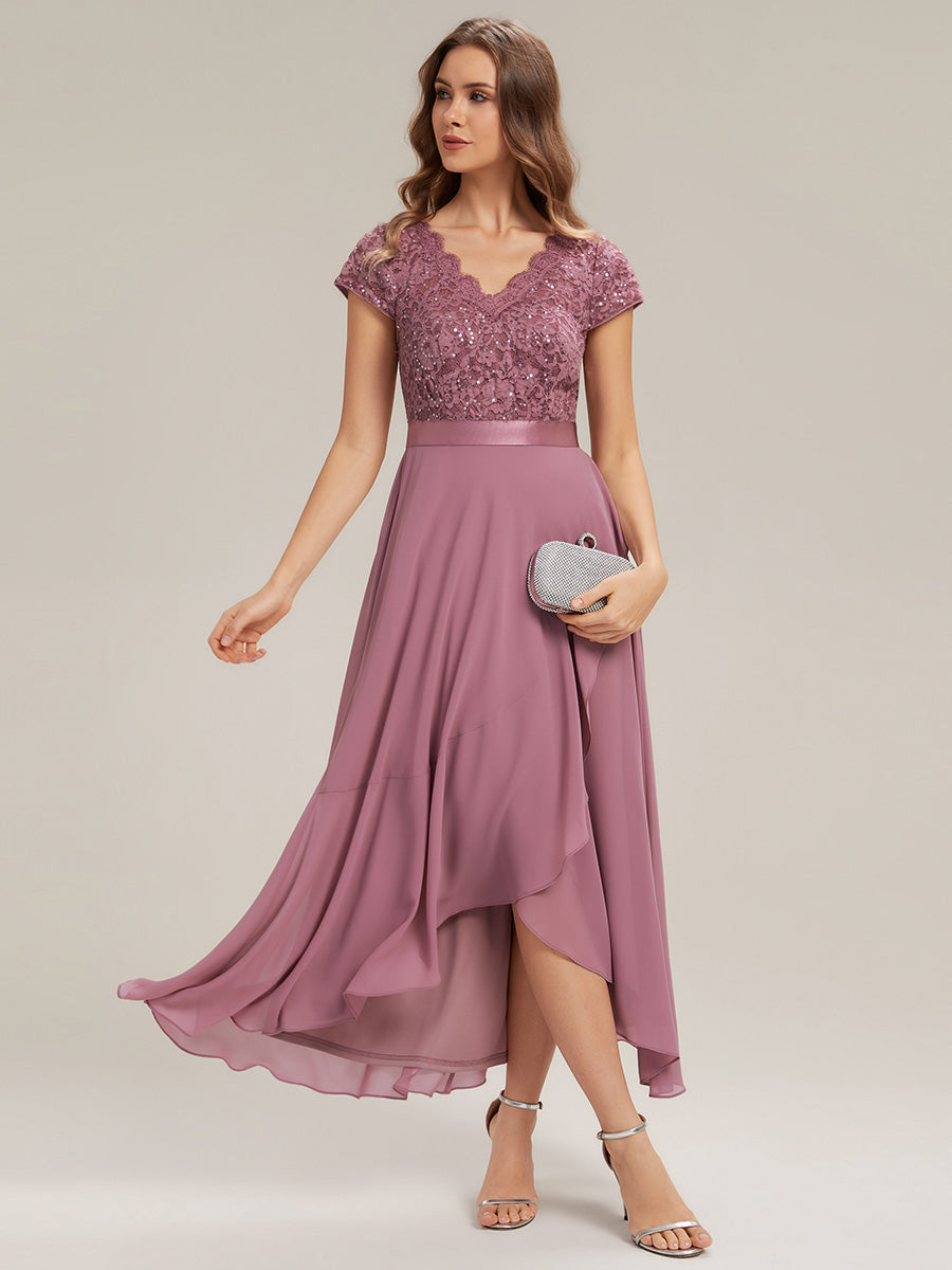Deep V-Neck Lace Cap Sleeve Evening Dress