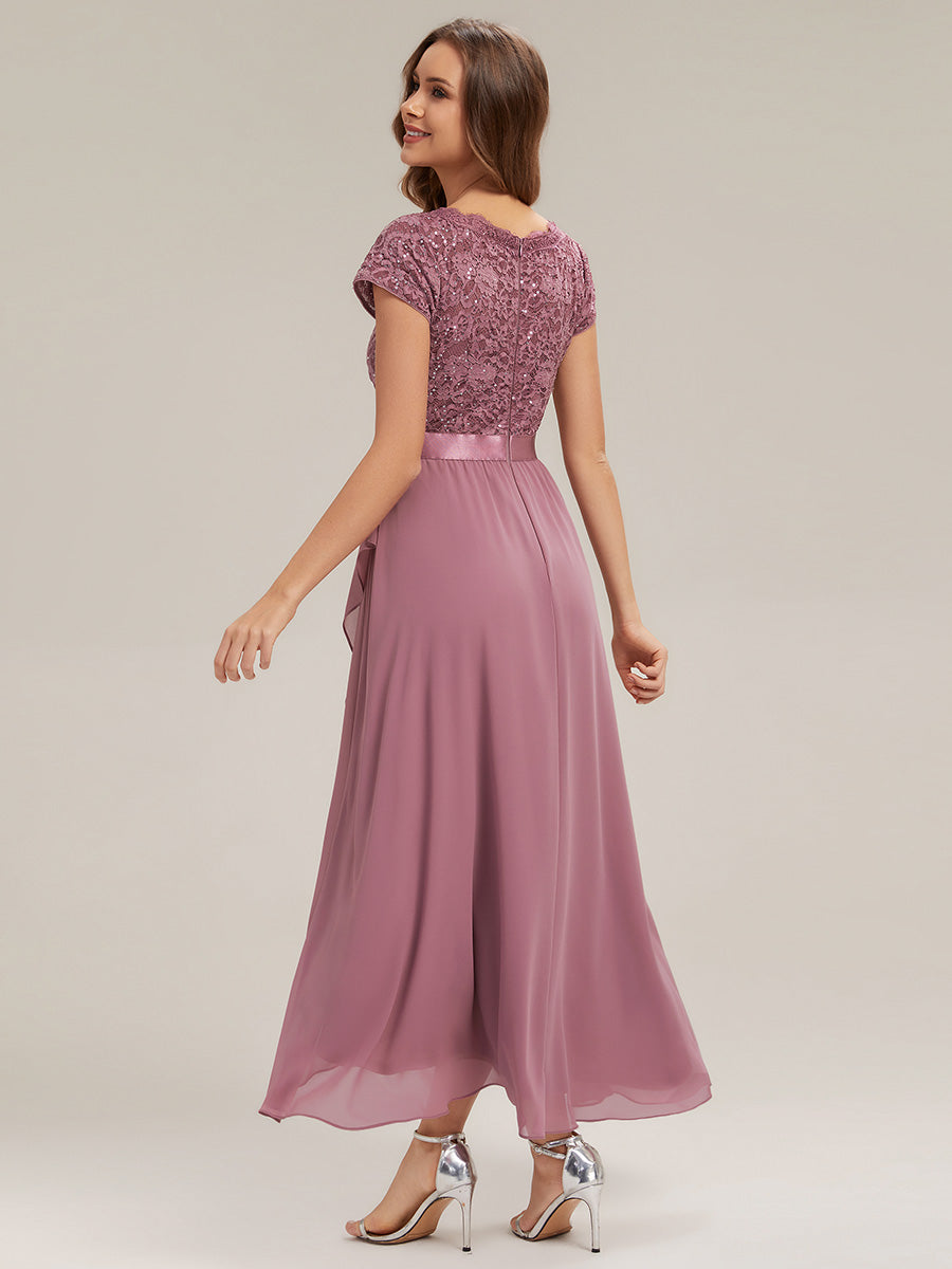 Deep V-Neck Lace Cap Sleeve Evening Dress