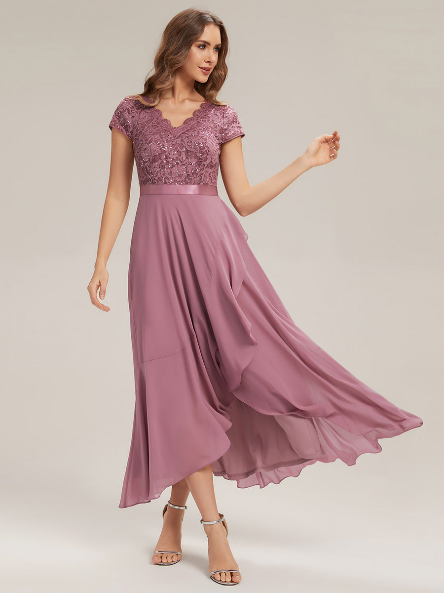 Deep V-Neck Lace Cap Sleeve Evening Dress