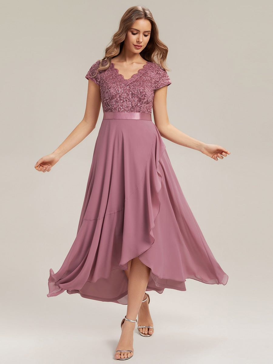 Deep V-Neck Lace Cap Sleeve Evening Dress