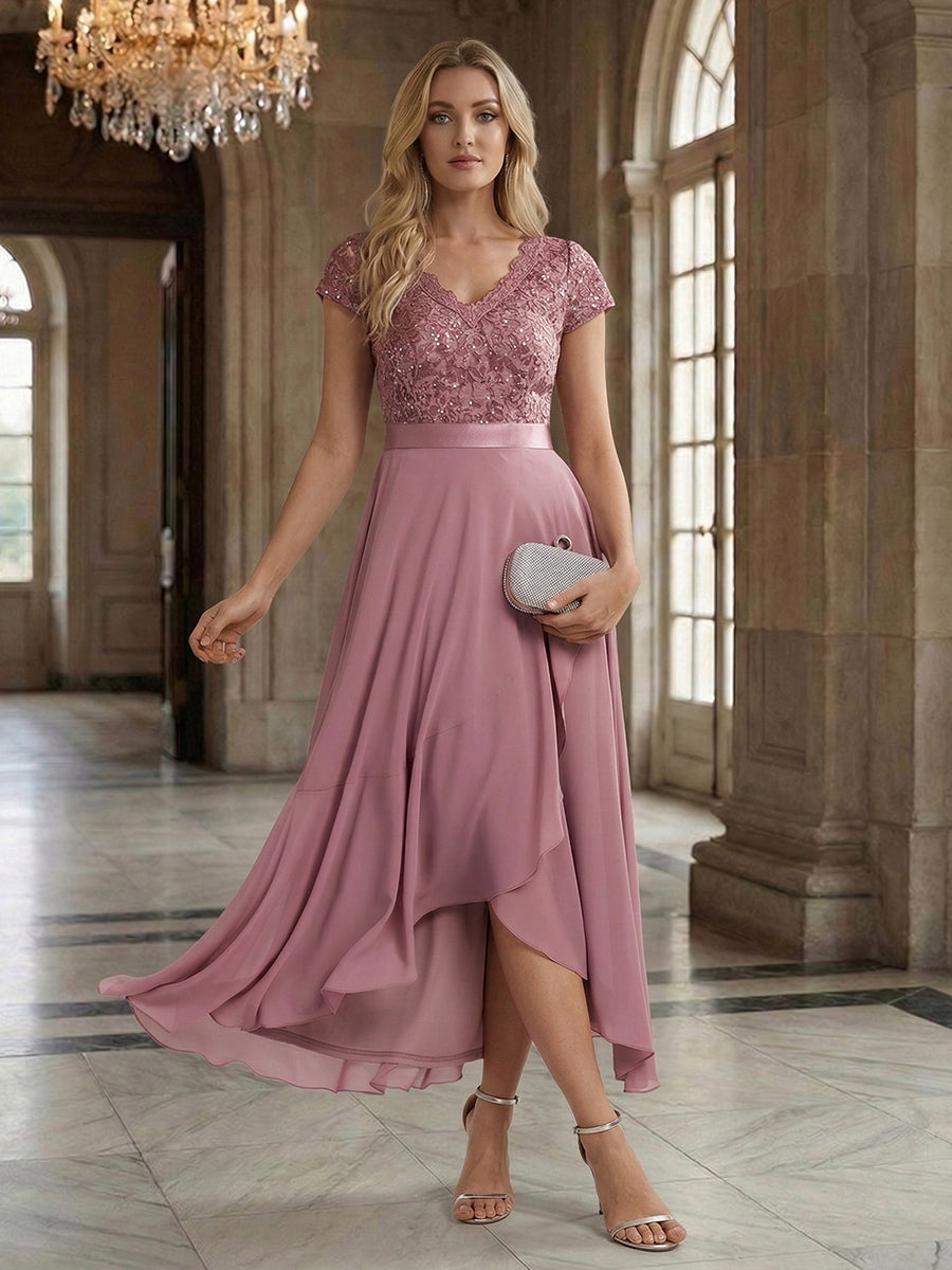 Deep V-Neck Lace Cap Sleeve Evening Dress