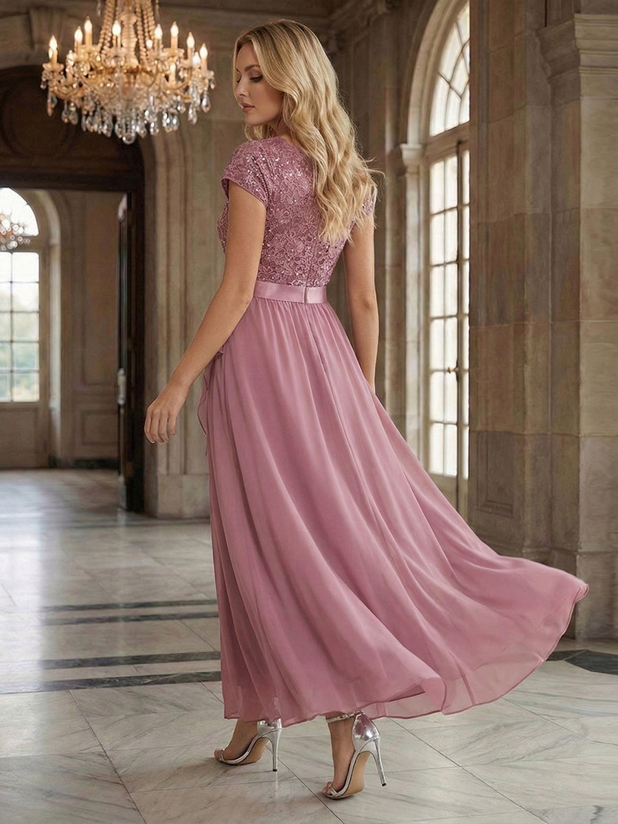 Deep V-Neck Lace Cap Sleeve Evening Dress
