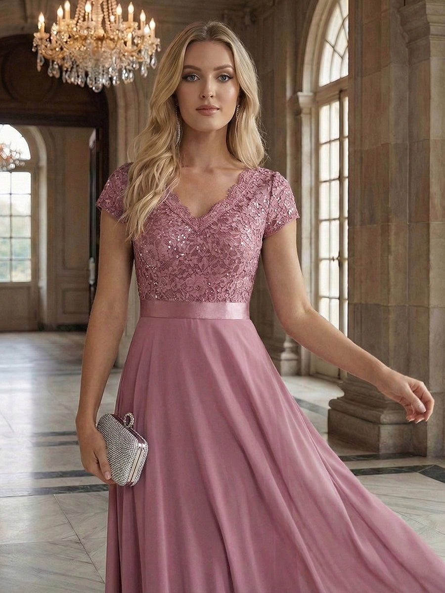 Deep V-Neck Lace Cap Sleeve Evening Dress