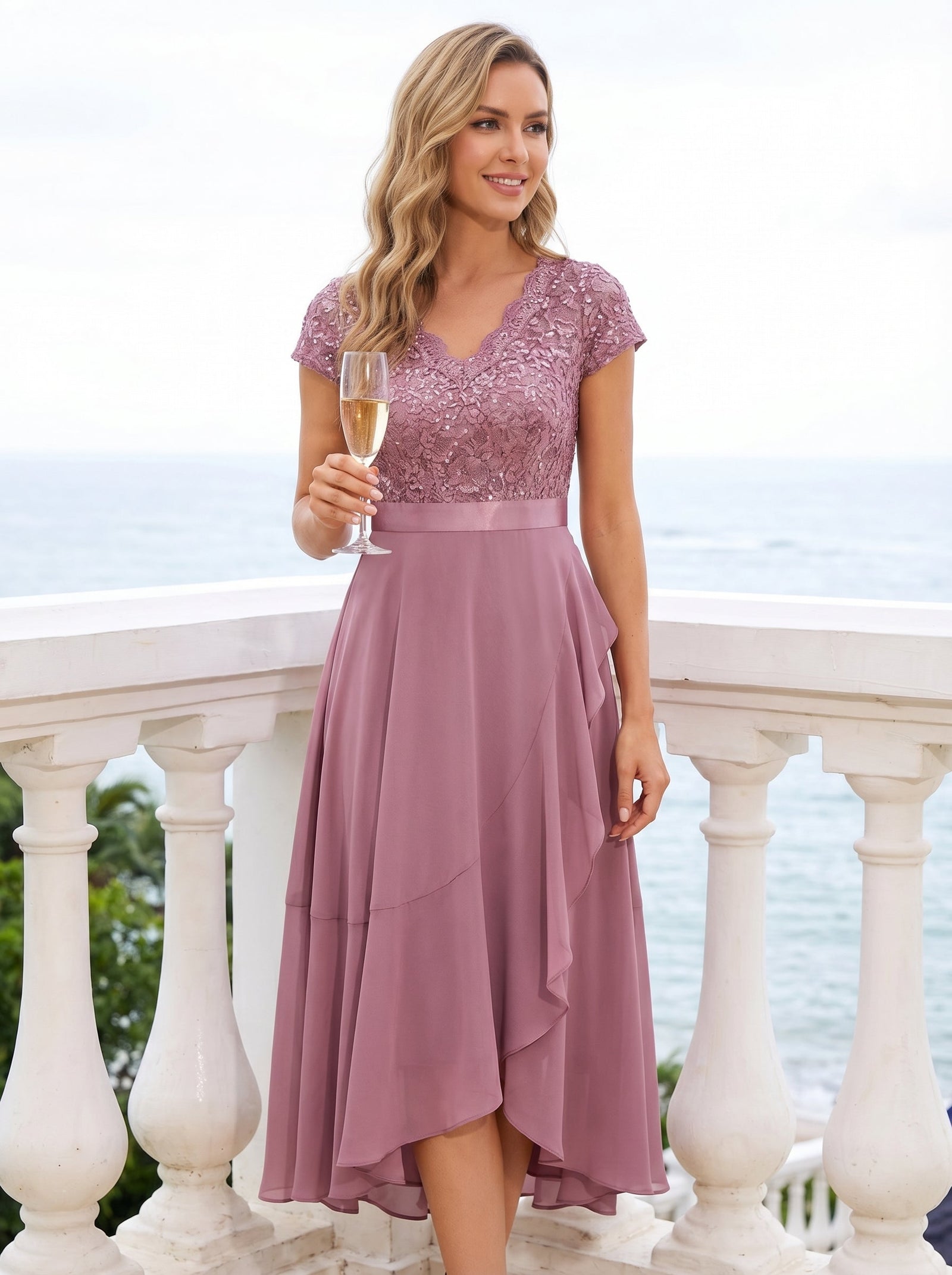 Deep V-Neck Lace Cap Sleeve Evening Dress