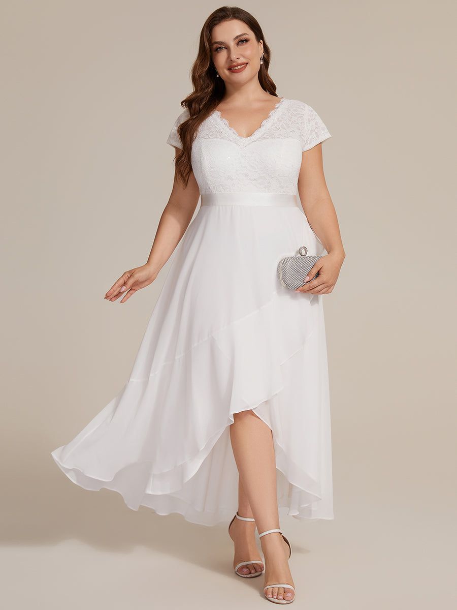 Deep V-Neck Lace Cap Sleeve Evening Dress