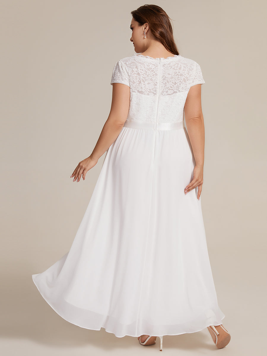 Deep V-Neck Lace Cap Sleeve Evening Dress