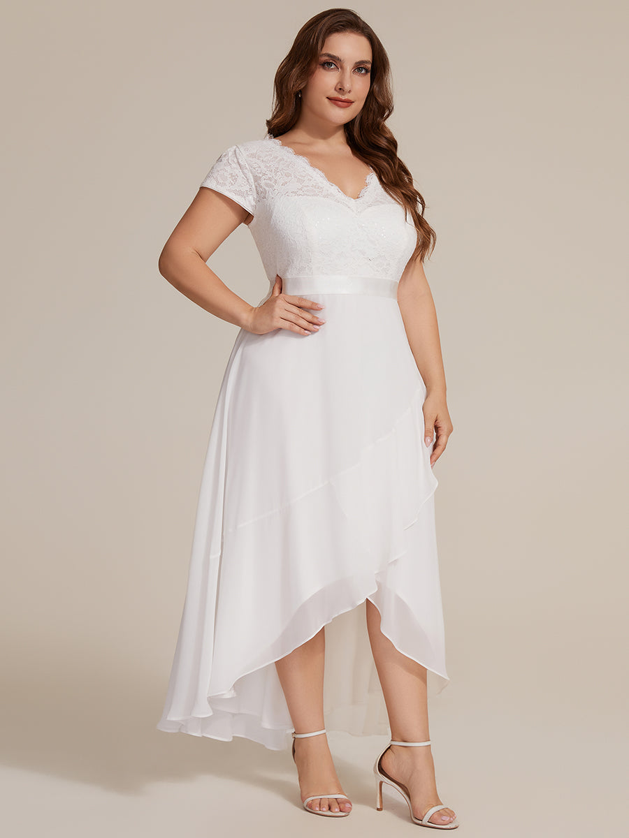 Deep V-Neck Lace Cap Sleeve Evening Dress