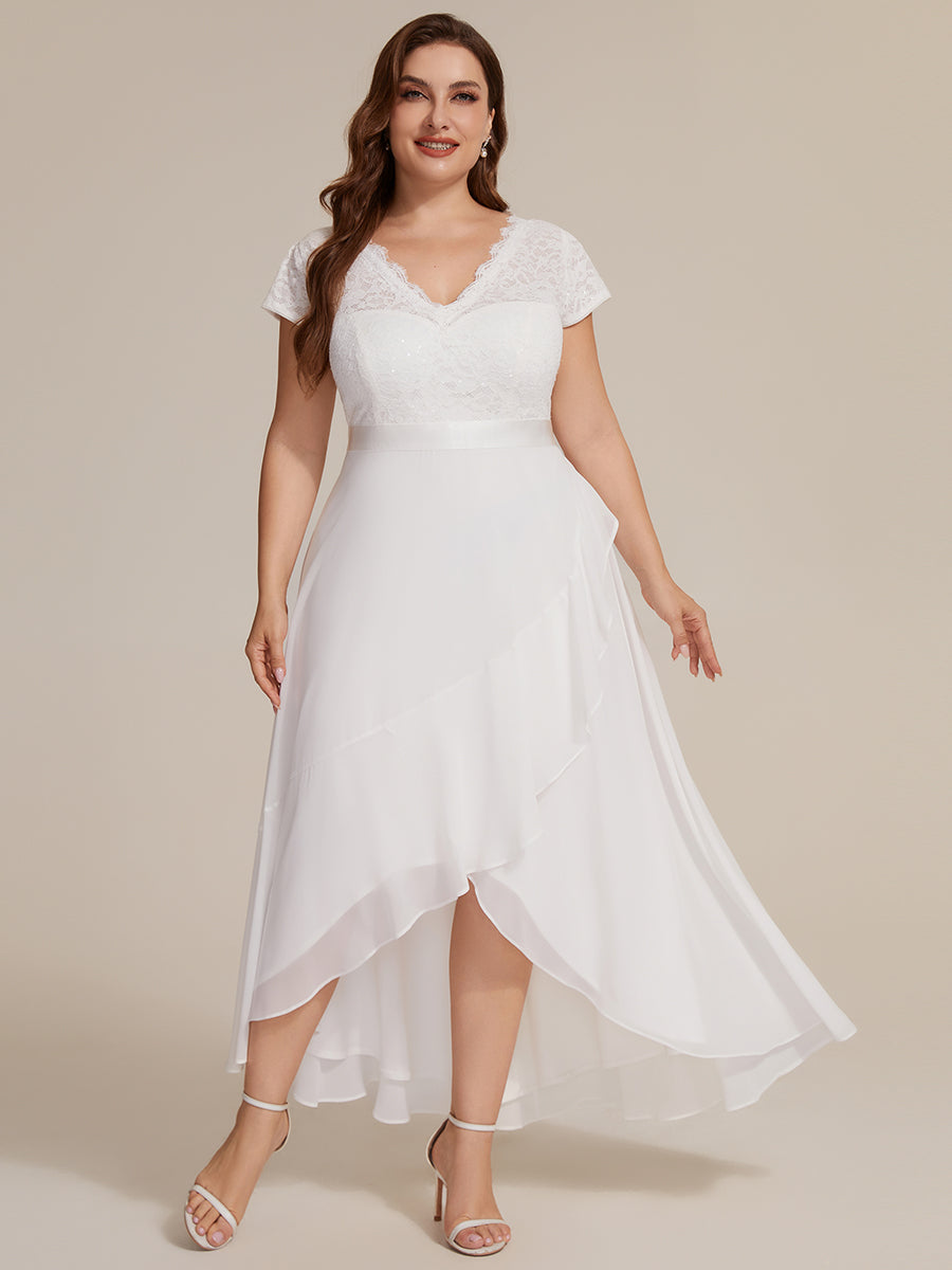 Deep V-Neck Lace Cap Sleeve Evening Dress