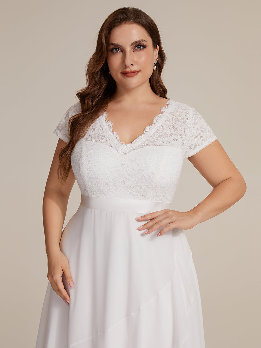 Deep V-Neck Lace Cap Sleeve Evening Dress