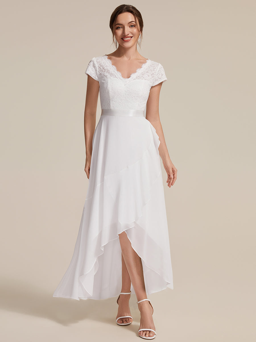 Deep V-Neck Lace Cap Sleeve Evening Dress