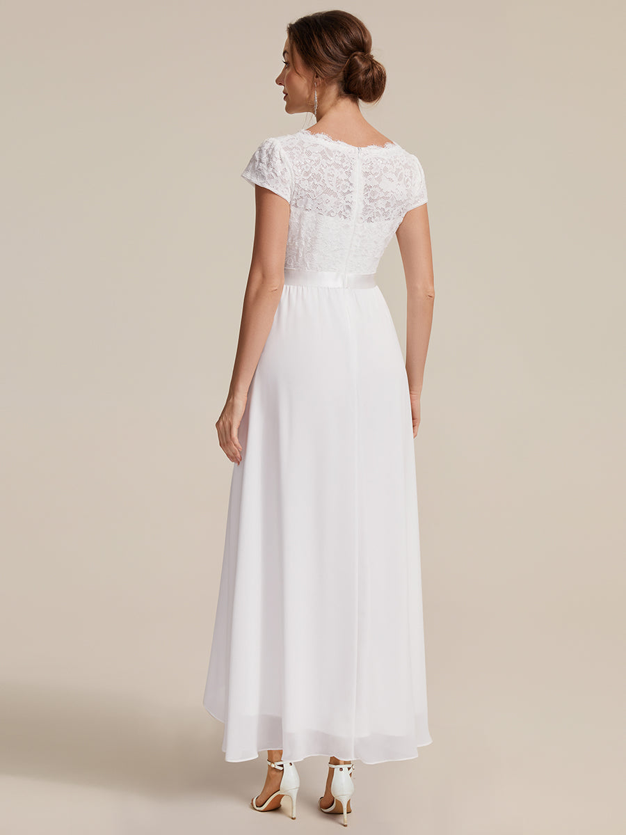 Deep V-Neck Lace Cap Sleeve Evening Dress