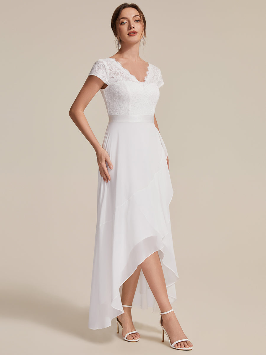 Deep V-Neck Lace Cap Sleeve Evening Dress