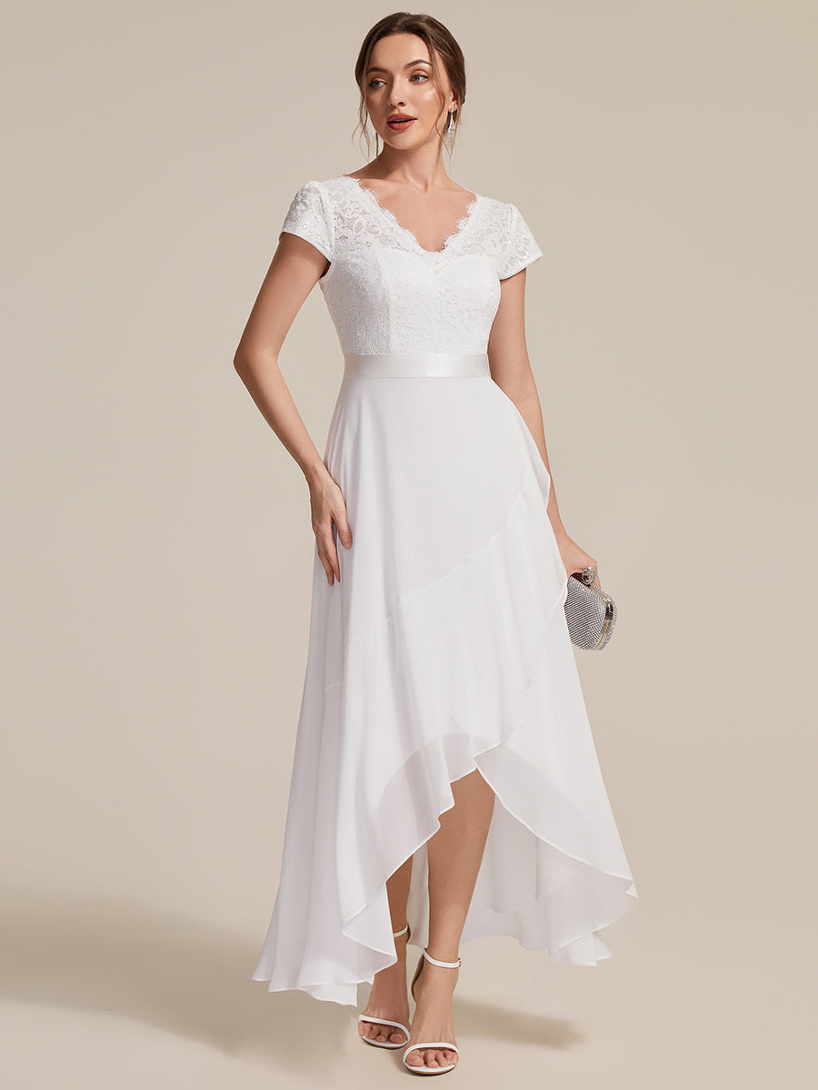 Deep V-Neck Lace Cap Sleeve Evening Dress