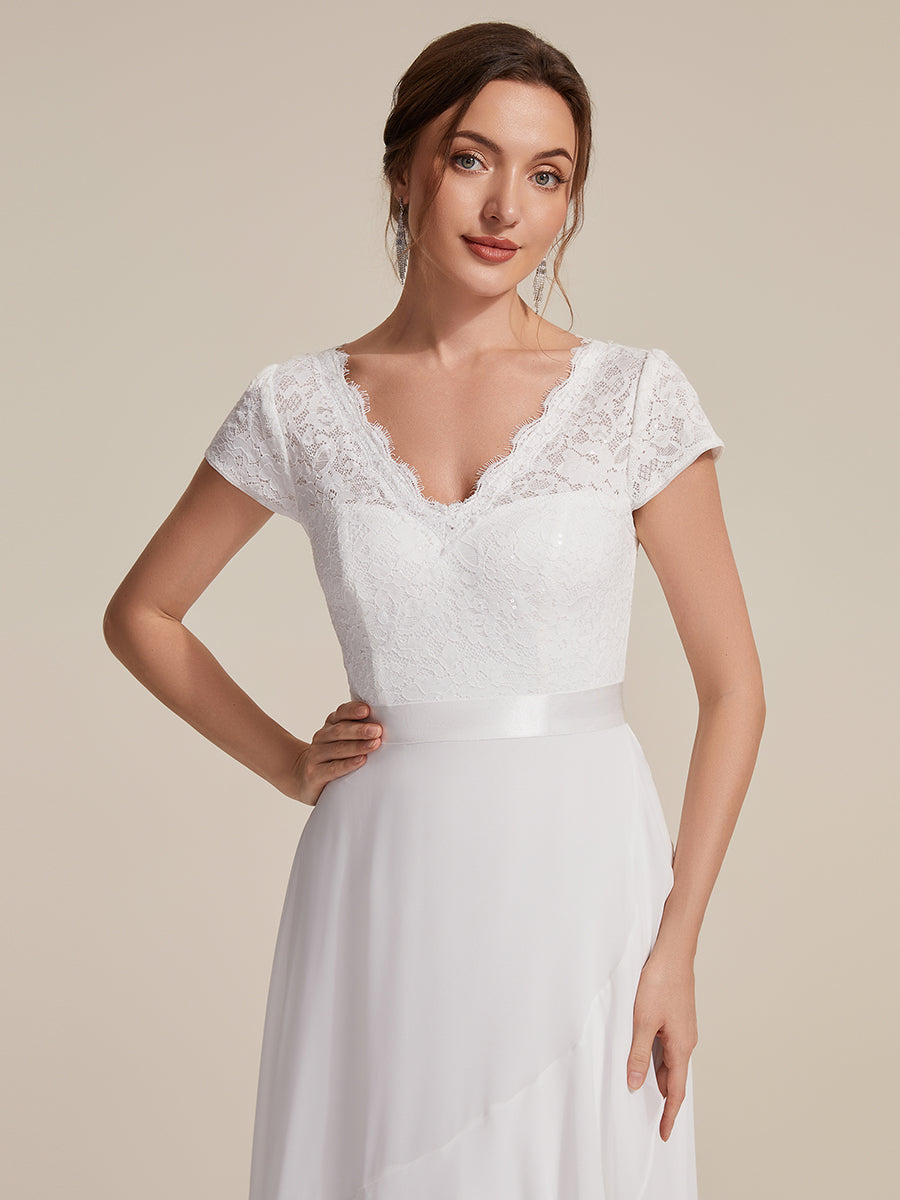 Deep V-Neck Lace Cap Sleeve Evening Dress
