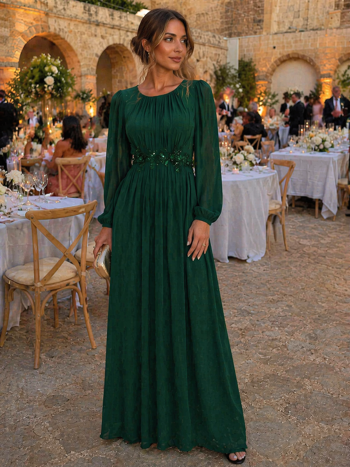 Chiffon Puff Sleeve A-Line Evening Dress