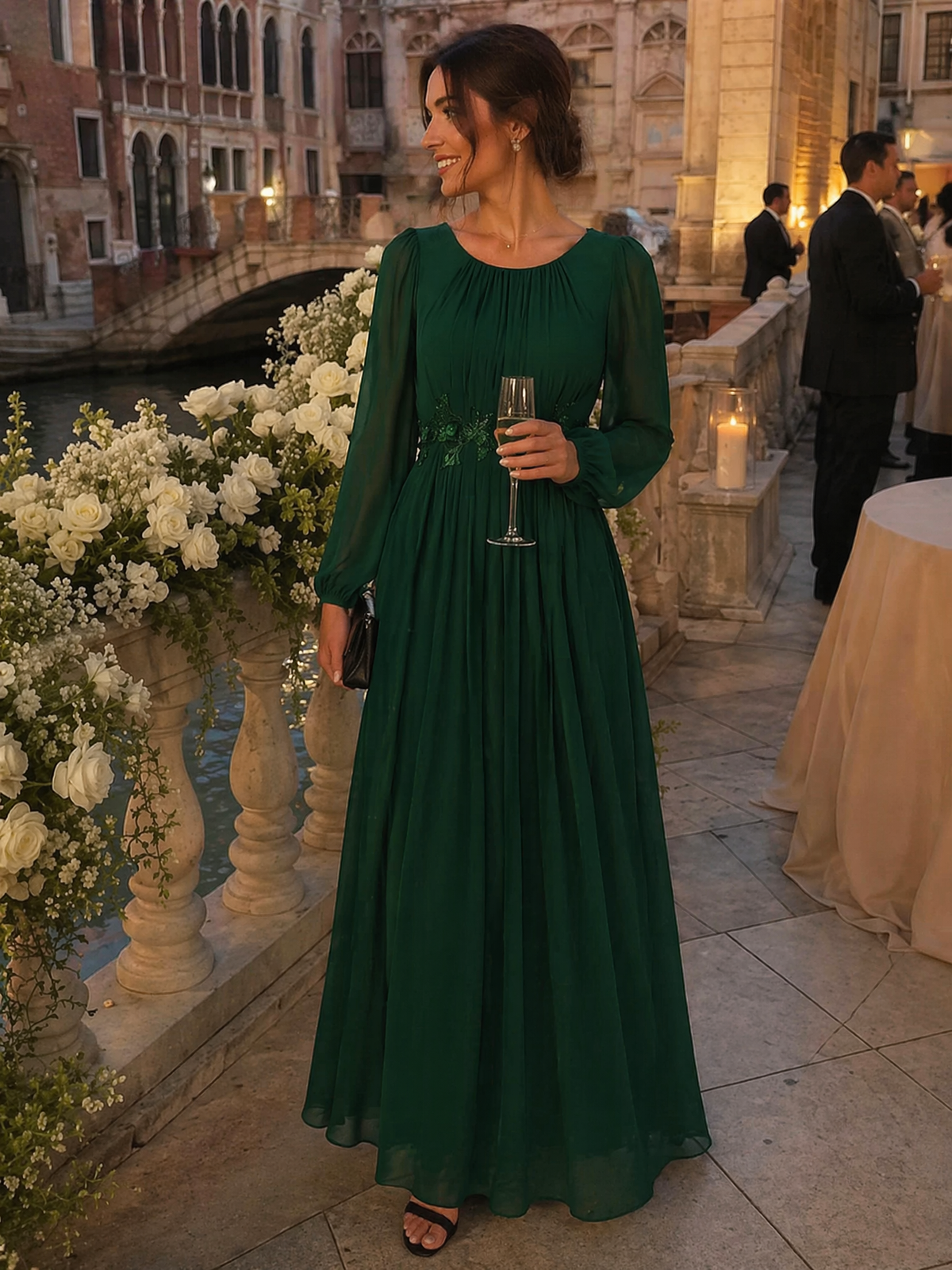 Chiffon Puff Sleeve A-Line Evening Dress